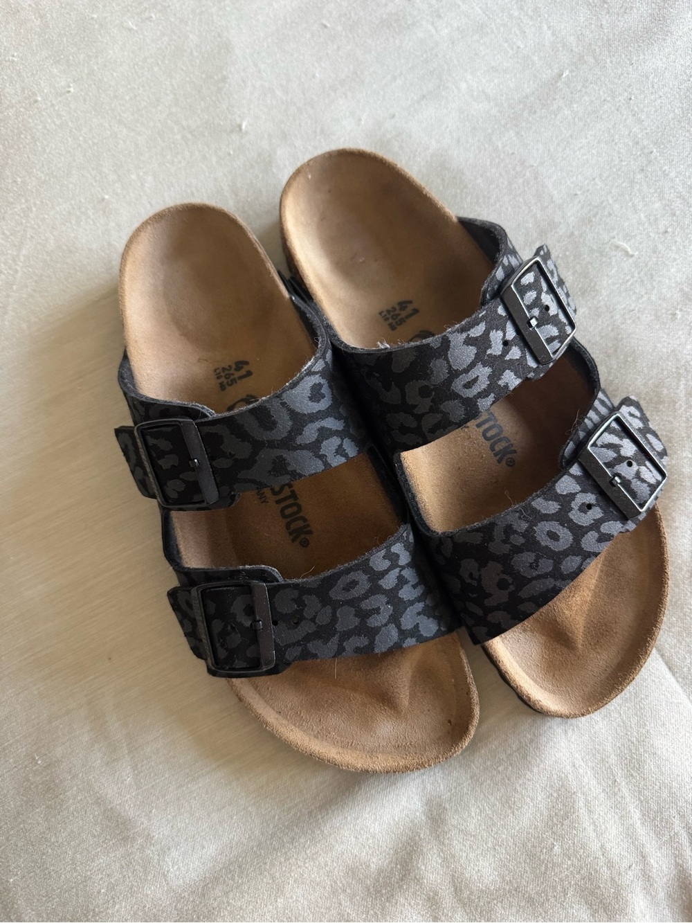 Birkenstock Black Gray Leopard-Print Two-Strap Sandals Womens